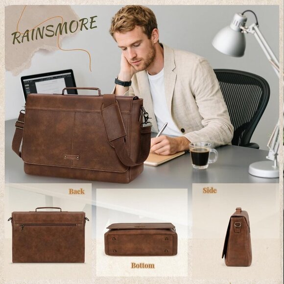 Men's Brown Pu Vintage Laptop Bag 15.6 Inch Waterproof Retro Satchel Briefcase - Picture 7 of 7